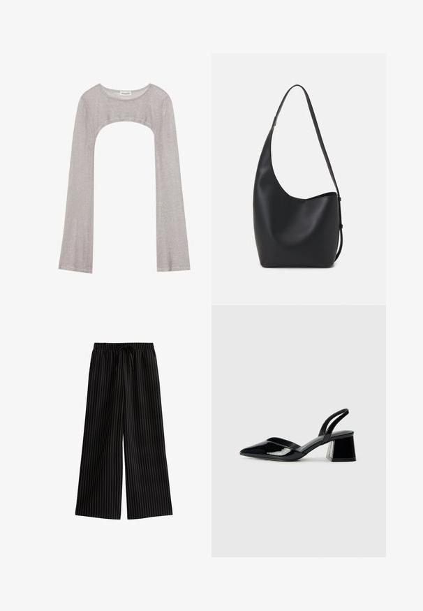Top plateado de manga larga con escote redondeado y un corte en la parte inferior. Hecho de una tela texturizada, presenta un diseño ajustado y mangas acampanadas.; Pantalones anchos negros con rayas verticales blancas, con cintura elástica y cordón. Textura de tela suave, diseño casual.; Zapatos de tacón slingback de charol negro con punta afilada y tacón geométrico en bloque. Presentan un diseño elegante y minimalista, así como una textura suave.; Bolso tipo hobo de cuero negro con una textura suave, forma curvada y una sola correa ajustable; presenta una amplia apertura en la parte superior.