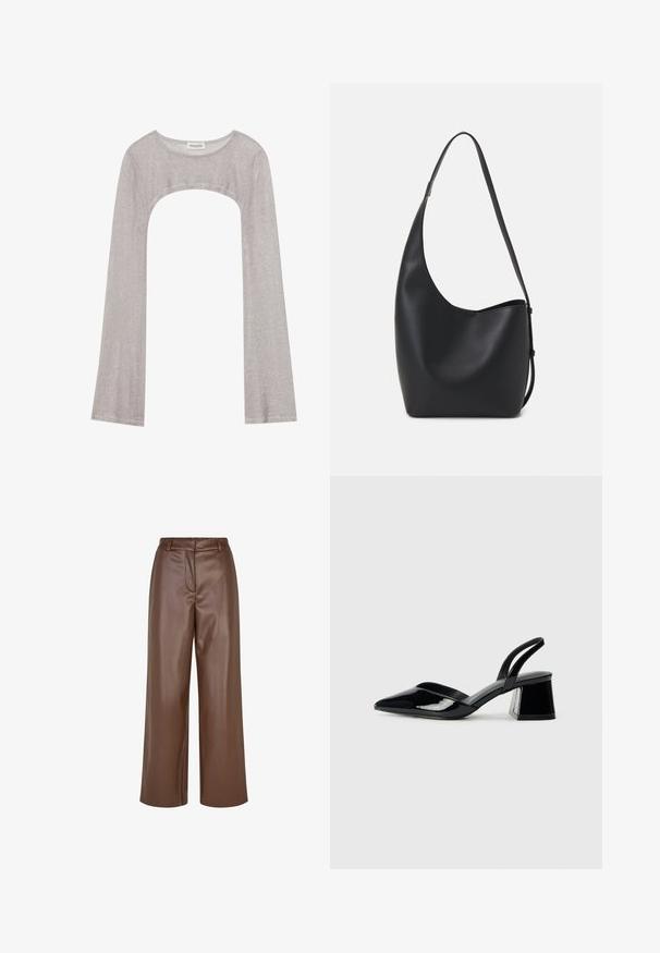 Silver long-sleeve top with a rounded neckline and cut-out below. Made of textured fabric, featuring a fitted design and flared sleeves.; Brown faux leather wide-leg trousers with a smooth texture, belt loops, and a front pleat detail at the waistband.; Black patent leather slingback heels with a pointed toe and a geometric block heel. Features a sleek, minimal design and smooth texture.; Black leather hobo bag with a smooth texture, curved shape, and single adjustable strap; features a wide opening at the top.