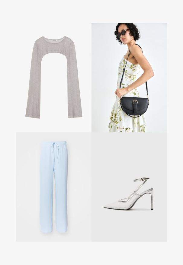 Srebrna dugorukava majica s okruglim izrezom i izrezom ispod. Izrađena od teksturiranog materijala, s prianjajućim dizajnom i flared rukavima.; Svijetloplave, široke hlače s elastičnim pojasom i podesivom vezicom; izrađene od mekog, prozračnog materijala, s glatkom teksturom.; Prozirna štikla s oštrim vrhom, prozirni materijal, metalik srebrni detalji i podesiva narukvica oko gležnja.; Crna kožna torba s lukovitim oblikom, odvojivim remenom i zlatnim detaljima. Torba ima preklop s kopčom.