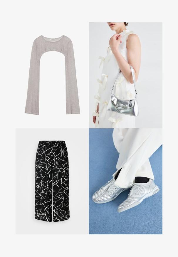 Sudraba garām piedurknēm augšdaļa ar noapaļotu dekoltē un izgriezumu zemāk. Izgatavota no teksturēta auduma, ar pieguļošu dizainu un plandošām piedurknēm.; Melni platlejas bikses ar balto abstrakto rakstu, izgatavotas no viegla materiāla ar elastīgu jostu komfortam.; Sudraba sporta apavi ar gludu, spīdīgu apdari, ar šūtu dizainu un numuru 90 sānos, apvienoti ar baltām biksēm.; Sudraba metāla rokassoma ar struktūru formu, aprīkota ar augšējo rokturi un priekšpusē esošu loku. Gluda tekstūra, atstarojoša virsma.