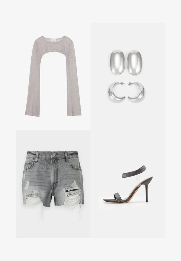 Bluza argintie cu mânecă lungă, decolteu rotund și o decupare dedesubt. Fabricată dintr-un material texturat, are un design ajustat și mâneci evazate.; Pantaloni scurți din denim gri, cu margini desfăcute și mai multe zone uzate, închidere cu buton și două buzunare frontale.; Sandalie negre cu toc, dotate cu un bretele transparentă, un superior texturat și un toc subțire. Prezintă o bandă frontală lată și accente strălucitoare.; Set de cercei argintii: două stud-uri ovale și două cercuri în formă de semilună, având un finisaj lucios și neted și un design rotunjit.