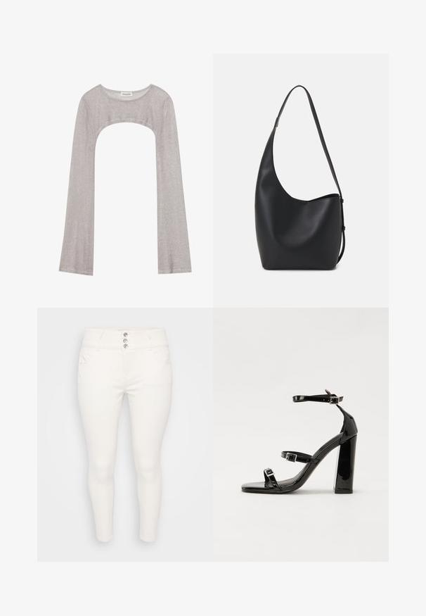 Srebrna dugorukava majica s okruglim izrezom i izrezom ispod. Izrađena od teksturiranog materijala, s prianjajućim dizajnom i flared rukavima.; Bijele uske traperice od denima, koje imaju visoki struk, dizajn s pet džepova i zatvaranje na tri gumba sprijeda. Cijela površina je glatka.; Crne lakirane sandale na pete sa kvadratnim nosom, trakama oko gležnja i srebrnim kopčama. Imaju čvrst blok petu za stabilnost.; Crna kožna hobo torba s glatkom teksturom, zakrivljenim oblikom i jednom podesivom trakicom; ima širok otvor na vrhu.