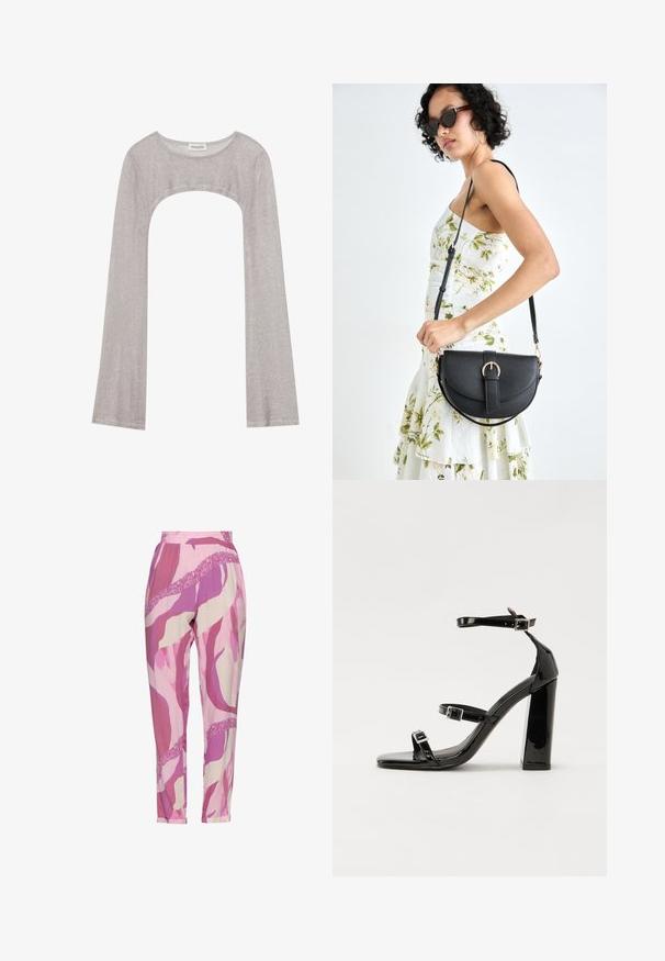 Zilveren lange mouwen top met een ronde hals en een uitsnede eronder. Gemaakt van gestructureerde stof, met een aansluitend ontwerp en uitlopende mouwen.; Roze stoffen broek met een patroon van abstracte golven in licht en donkerroze tinten; lichtgewicht materiaal met een elastische tailleband en een taps toelopend been.; Zwarte patent lederen sandalen met hoge hakken, twee gespenbanden, een vierkante neus en een stevige blokhak, met een gladde, glanzende textuur.; Zwarte leren handtas met een gebogen vorm, afneembare schouderband en gouden hardware. De tas heeft een klep met een gespsluiting.