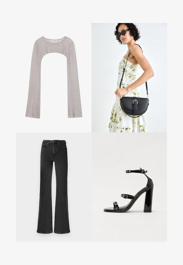 Srebrna bluza z dolgimi rokavi in okroglim izrezom, z izrezom spodaj. Narejena iz teksturiranega materiala, z oprijetim krojem in razširjenimi rokavi.; Črne zvonaste kavbojke iz denima z visokim pasom, podrobno šivanje, dvema sprednjima žepoma in čistim robom.; Črne lakaste sandale z visokimi petami, z dvema trakovoma z zaponkama, kvadratnim sprednjim delom in masivno širšo peto, z gladko, sijočo teksturo.; Črna usnjena torbica s ukrivljeno obliko, z odstranljivo naramnico in zlatimi dodatki. Torbica ima pokrov s podrobnostmi v obliki zaponke.