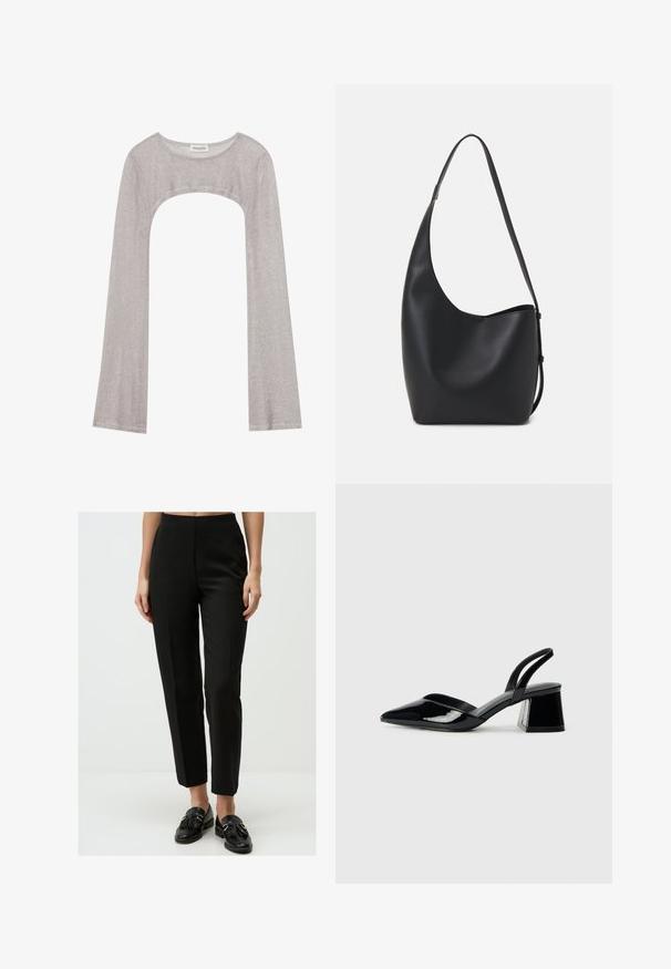 Silbernes Langarmoberteil mit rundem Ausschnitt und Cut-out darunter. Hergestellt aus strukturiertem Stoff, mit figurbetontem Design und ausladenden Ärmeln.; Schwarze, maßgeschneiderte Hose mit glatter Textur, hohem Bund, geradem Bein und dezenten Falten, kombiniert mit schwarzen Slippern.; Schwarze Lackleder-Slingback-High Heels mit spitzem Schuh und einem geometrischen Blockabsatz. Verfügt über ein schlankes, minimalistisches Design und eine glatte Textur.; Schwarze Leder-Hobo-Tasche mit einer glatten Textur, geschwungener Form und einem einzelnen verstellbaren Tragegurt; verfügt über eine weite Öffnung am oberen Ende.
