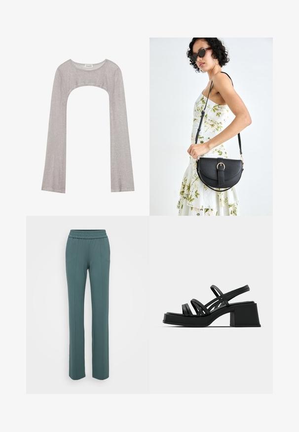 Silbernes Langarmoberteil mit rundem Ausschnitt und Cut-out darunter. Hergestellt aus strukturiertem Stoff, mit figurbetontem Design und ausladenden Ärmeln.; Türkise, elastische Hose mit geradem Bein, die vertikale Nähte an der Vorderseite sowie eine glatte, weiche Stoffstruktur aufweist.; Schwarze Absatzsandalen mit mehreren dünnen Riemen und einem breiten Blockabsatz. Schlankes Design mit matter Textur. Der Fußbett hat eine leichte Kurve.; Schwarze Lederhandtasche mit geschwungener Form, abnehmbarem Tragegurt und goldenen Beschlägen. Die Tasche verfügt über einen Deckel mit einer Schnallen-Details.
