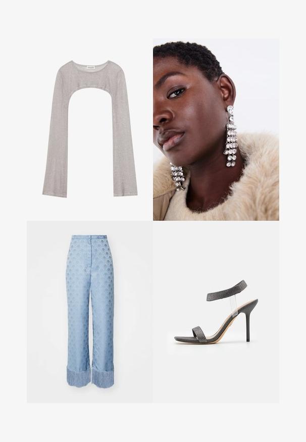 Sudraba garām piedurknēm augšdaļa ar noapaļotu dekoltē un izgriezumu zemāk. Izgatavota no teksturēta auduma, ar pieguļošu dizainu un plandošām piedurknēm.; Gaisnavzila platām kājām bikses ar teksturētu ziedu motīvu, ar frēzētu apakšmalu un gludu audumu. Erotiskās jostas ar noslēptomu aizdari.; Melni augstpapēžu sandales ar caurspīdīgu siksniņu, teksturētu virsu un šauru stiletto papēdi. Tam ir plaša priekšējā lente un spīdīgi akcenti.; Sudraba pilienveida auskari ar vairākiem caurspīdīgiem rhinestones, ar kaskādes dizainu un teksturētām virsmām, uz neitrāla fona.