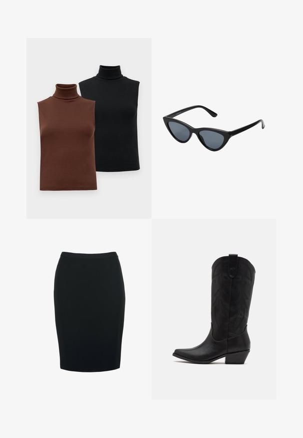 Dvě bezrukávové žebrované roláky v hnědé a černé barvě, vystavené na bílém pozadí.; Černá tužková sukně s vypasovaným střihem, vyrobená z hladkého, elastického materiálu. Má středně vysoký pas a délku po kolena.; Černá kožená cowboyská bota s špičatou špičkou, nízkým hromadným podpatkem a složitým embosovaným listovým vzorem na holeni. Očko nahoře pro snadné obouvání.; Černé sluneční brýle ve stylu "cat-eye" s tmavě šedými skly, elegantním plastovým rámečkem, špičatými rohy a rovnými stranami. Bez viditelného kování nebo ozdob.; Burgundské kožené kabelka s zakřiveným tvarem, zlaté detaily na kovových prvcích a zipovým uzávěrem. Obsahuje odnímatelný ramenní popruh.