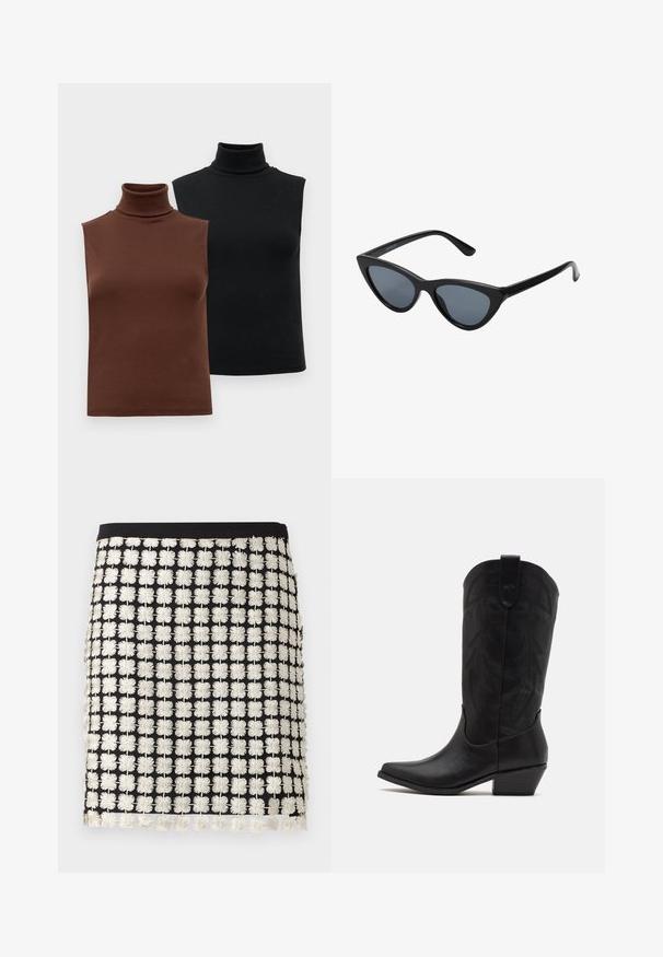 Two sleeveless ribbed turtleneck tops in brown and black, displayed on a plain white background.; Black skirt with a structured design featuring white floral embroidered patterns. Accents include fringe details along the hem and a fitted waistband.; Black leather cowboy boot with pointed toe, low stacked heel, and intricate embossed leaf pattern on the shaft. Loop at the top for easy wear.; Black cat-eye sunglasses with dark gray lenses, sleek plastic frame, pointed corners, and straight temples. No visible hardware or accents.; Burgundy leather handbag with a curved shape, gold accents on the hardware, and a zippered closure. Features a detachable shoulder strap.
