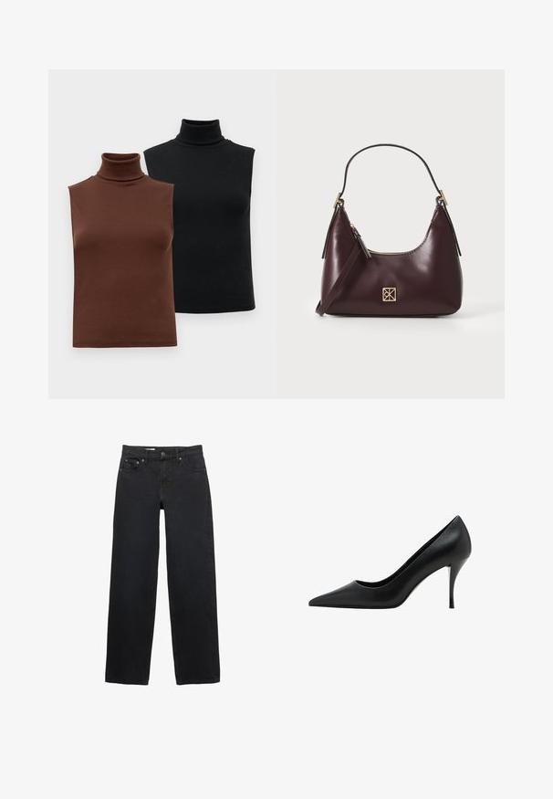 Deux tops à col roulé sans manches en marron et noir, présentés sur un fond blanc uni.; Jean large noir en denim, doté de cinq poches, d'une fermeture à bouton, de coutures discrètes et d'une coupe droite de la taille à l'ourlet.; Chaussure à talon haut en cuir noir avec un bout pointu, texture lisse et un talon stiletto élancé, présentant un design minimaliste.; Sac à main en cuir bordeaux avec une forme incurvée, accents dorés sur la quincaillerie et une fermeture éclair. Dispose d'une bandoulière amovible.