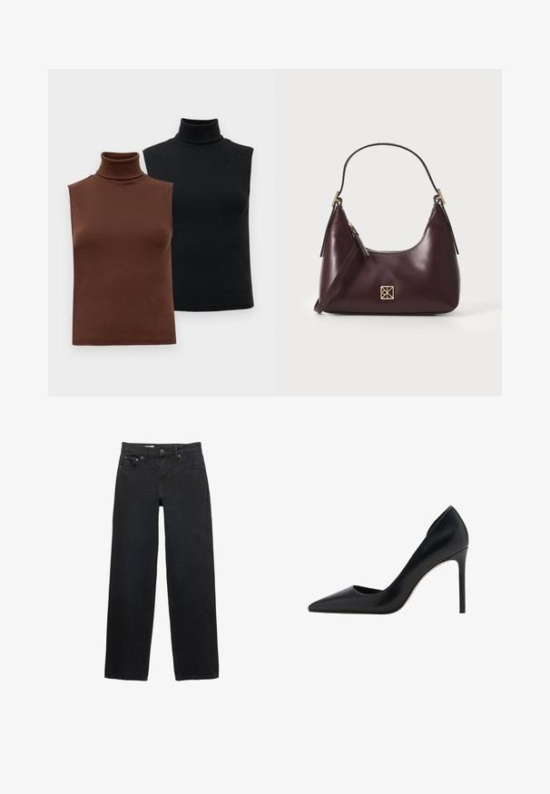 Due top senza maniche a coste, uno marrone e uno nero, esposti su uno sfondo bianco semplice.; Jeans neri a gamba larga realizzati in denim, con cinque tasche, chiusura a bottone, cuciture sottili e una linea diritta dalla vita all'orlo.; Mango Decolleté - black; Borse in pelle borgogna con forma curva, dettagli in oro sull'hardware e chiusura con cerniera. Presenta una tracolla staccabile.