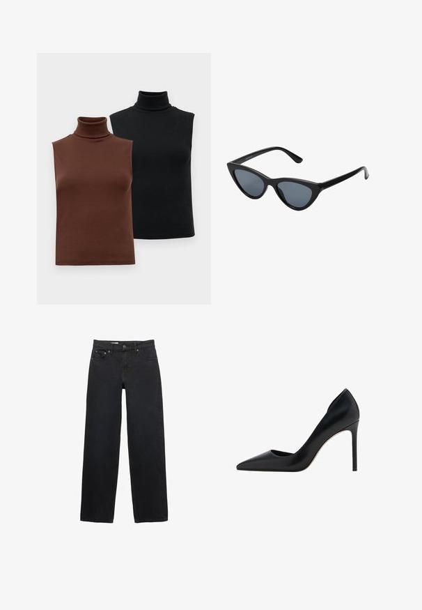 Deux tops à col roulé sans manches en marron et noir, présentés sur un fond blanc uni.; Jean large noir en denim, doté de cinq poches, d'une fermeture à bouton, de coutures discrètes et d'une coupe droite de la taille à l'ourlet.; Mango Escarpins à talons hauts - black; Lunettes de soleil noires en forme d'œil de chat avec des verres gris foncé, monture en plastique élégante, coins pointus et branches droites. Pas de métal visible ni d'accents.; Sac à main en cuir bordeaux avec une forme incurvée, accents dorés sur la quincaillerie et une fermeture éclair. Dispose d'une bandoulière amovible.