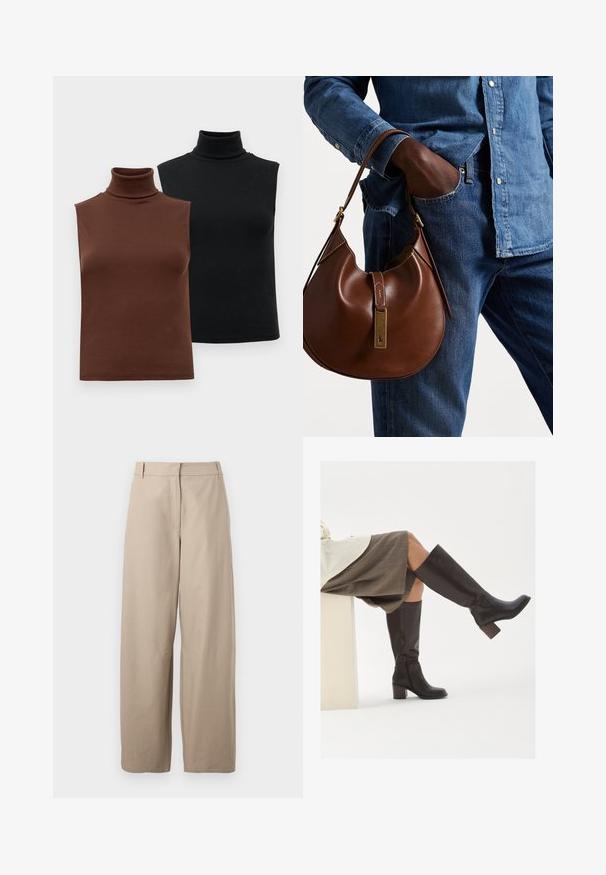 Two sleeveless ribbed turtleneck tops in brown and black, displayed on a plain white background.; Beige, wide-leg trousers made of cotton. Features flat front, two side pockets, and a smooth texture. Simple, functional design.; Brown leather knee-high boots with a square toe, chunky heel, and side zipper. Smooth texture with a polished finish.; Brown leather hobo bag with a rounded shape, featuring a gold hardware accent and contrast stitching. Paired with a denim shirt and jeans.
