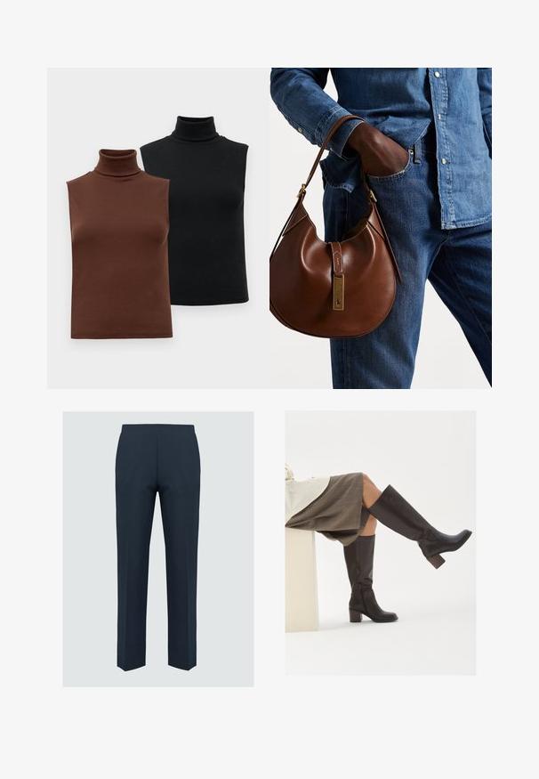 Two sleeveless ribbed turtleneck tops in brown and black, displayed on a plain white background.; Navy trousers with a straight-leg design, made from smooth fabric, featuring a flat front and no visible stitching or pockets.; Brown leather knee-high boots with a square toe, chunky heel, and side zipper. Smooth texture with a polished finish.; Brown leather hobo bag with a rounded shape, featuring a gold hardware accent and contrast stitching. Paired with a denim shirt and jeans.
