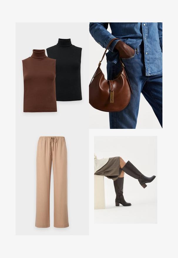 Kaksi hihattomaa ribbikuvioista poolopaitaa ruskeana ja mustana, esillä yksinkertaisella valkoisella taustalla.; Beige leveled-hose dengan tali pinggang yang dapat disesuaikan, menampilkan garis-garis putih vertikal, terbuat dari kain yang halus dan ringan.; Ruskea nahkainen polvipituiset saappaat, joissa on neliön muotoinen varvas, paksu korko ja sivuvetoketju. Luja rakenne ja kiiltävä pinta.; Ruskea nahkainen hobo laukku pyöreällä muotoilulla, jossa on kultaiset yksityiskohdat ja kontrastiväriommeltu. Yhdistetty farkkupaitaan ja farkkuihin.