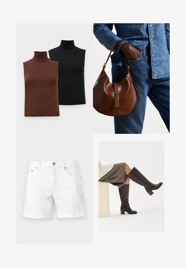 Dva bezrukavna rebrasta topa s rolkragnom u smeđoj i crnoj boji, prikazana na jednostavnoj bijeloj pozadini.; Bijele traperice kratke hlače s preklopom na rubu, dizajnom s pet džepova i kopčanjem na dugme. Ima metalne dijelove i glatku teksturu.; Smeđe kožne čizme do koljena sa četvrtastim vrhom, robusnim potpeticama i bočnim zatvaračem. Glatka tekstura s sjajnim finišem.; Smeđa kožna hobo torba zaobljenog oblika, sa zlatnim metalnim detaljima i kontrastnim šavovima. Uparena s traper košuljom i trapericama.