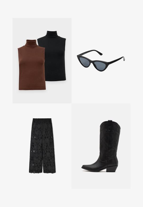 Due top senza maniche a coste, uno marrone e uno nero, esposti su uno sfondo bianco semplice.; Pantaloni larghi neri realizzati in pizzo con motivi floreali. Presentano un elastico in vita e un orlo scallop. Tessuto semitrasparente.; Stivale da cowboy in pelle nera con punta affusolata, tacco basso impilato e intricato motivo a foglia stampato sul gambale. Anello nella parte superiore per una facile indossabilità.; Occhiali da sole cat-eye neri con lenti grigie scure, montatura in plastica elegante, angoli appuntiti e tempie dritte. Nessuna ferramenta o accenti visibili.; Borse in pelle borgogna con forma curva, dettagli in oro sull'hardware e chiusura con cerniera. Presenta una tracolla staccabile.