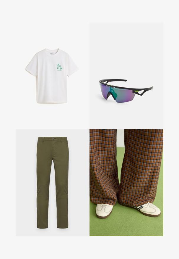 T-shirt bianca in cotone con stampa grafica verde. Maniche corte, collo rotondo, con un design "HELP" e testo distintivo sottostante.; Chino in cotone verde oliva con un design a gamba dritta, dotati di chiusura anteriore a bottone, tasche laterali e orli puliti.; Pantaloni a pieghe larghi a quadri marroni e blu abbinati a scarpe bianche con dettagli neri e suole testurizzate, posizionati su uno sfondo verde.; Occhiali da sole sportivi con montatura nera, grandi lenti a gradiente con sfumature viola e verdi, e dettagli di design angolari con logo.