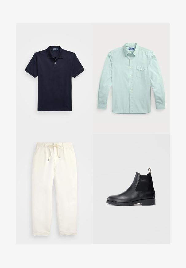 Námořnická modrá polo košile vyrobená z texturované tkaniny, s dvoubarevným zapínáním a malým vyšitým logem na lemu. Krátké rukávy.; Svetle modrá košile s dlouhým rukávem a knoflíkovým zapínáním, vybavená kapsou, límečkem, předními knoflíky a texturovanou tkaninou.; Světle krémové, volné kalhoty vyrobené z měkké látky. Mají elastický pás s tkaničkou a zúžený střih nohavic.; Černé kožené Chelsea boty s elastickými bočními panely, nízkým podpatkem, poutkem na patě a logem GANT na vnější boční části.