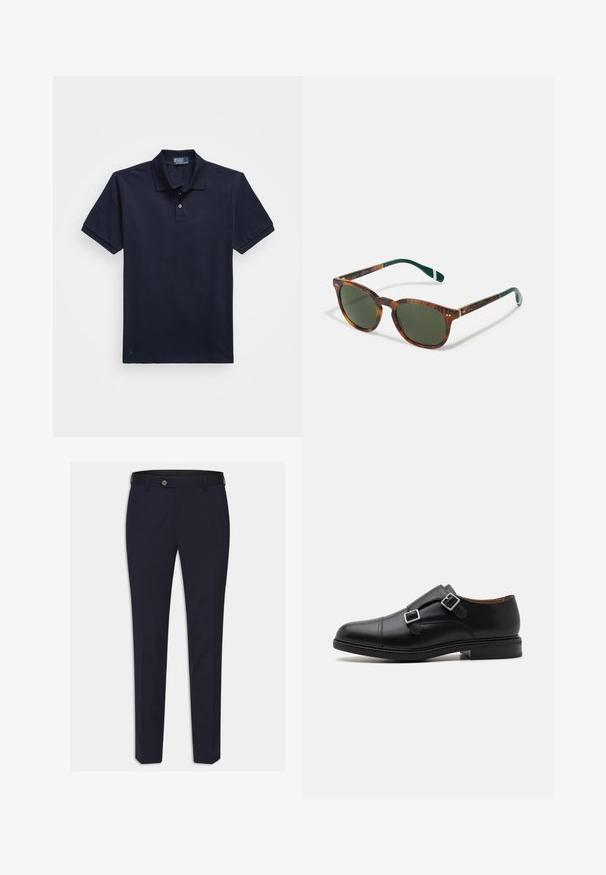 Dunkelblaues Poloshirt aus strukturiertem Stoff mit einer Knopfleiste mit zwei Knöpfen und einem kleinen gestickten Logo am Saum. Kurze Ärmel.; Oscar Jacobson DIEGO - Anzughose - dark blue; Schwarze Leder-Halbschuh mit doppeltem Schnallenverschluss, abgerundeter Zehenpartie, dezenter Naht und flacher, strukturiertem Gummisohle.; Schildkrötensonnenbrille mit grünen Gläsern, runder Form, goldenen Akzenten und dunkelgrünen Bügeln mit einem weißen Streifen.