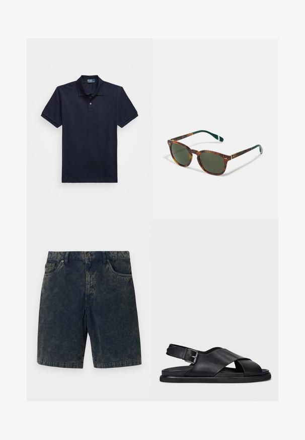 Polo shirt blu navy realizzato in tessuto testurizzato, con una patta a due bottoni e un piccolo logo ricamato sull'orlo. Maniche corte.; Pantaloni corti in velluto a coste blu scuro con chiusura a bottone, due tasche frontali e sottili righe più chiare sul tessuto.; Polo Ralph Lauren ZANE LEATHER SANDAL - Sandali - black; Occhiali da sole tartarugati con lenti verdi, forma rotonda, dettagli dorati e aste verde scuro con una striscia bianca.
