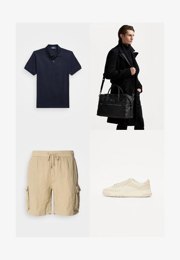 Navy blue polo shirt made of textured fabric, featuring a two-button placket and a small embroidered logo at the hem. Short sleeves.; Beige cargo shorts made of lightweight fabric with an elastic waistband and drawstring. Features two side pockets and a textured finish.; Beige sneaker made of smooth leather and textile; low-profile design with round toe and lace-up closure; textured side accents.; Black leather duffel bag with top handles and detachable shoulder strap. Textured surface, front zip pocket, and minimal branding detail.