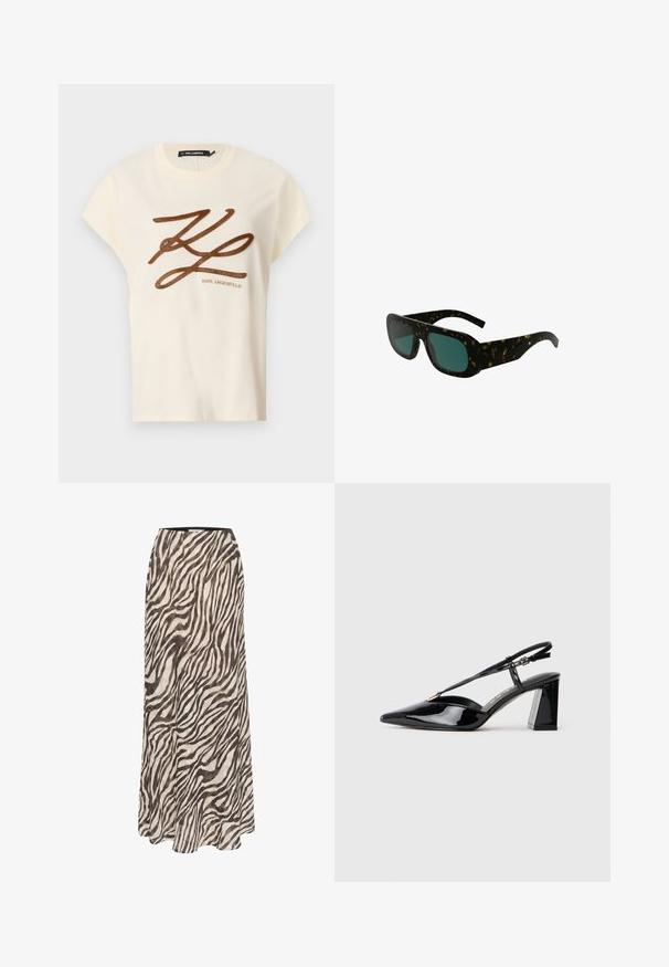 Tricou din bumbac de culoare crem, cu mâneci scurte, având un logo brodat din cărbune și un design cu scris pe față.; Gestuz ZOFIA SKIRT - Fustă maxi - black/white; Pantofi cu toc înalt din piele patent neagră, cu vârf ascuțit, curea ajustabilă și toc pătrat chunky.; Ochelari de soare din scoică cu lentile de un verde închis, rame dreptunghiulare largi și temple curbate, având un finisaj din plastic neted.