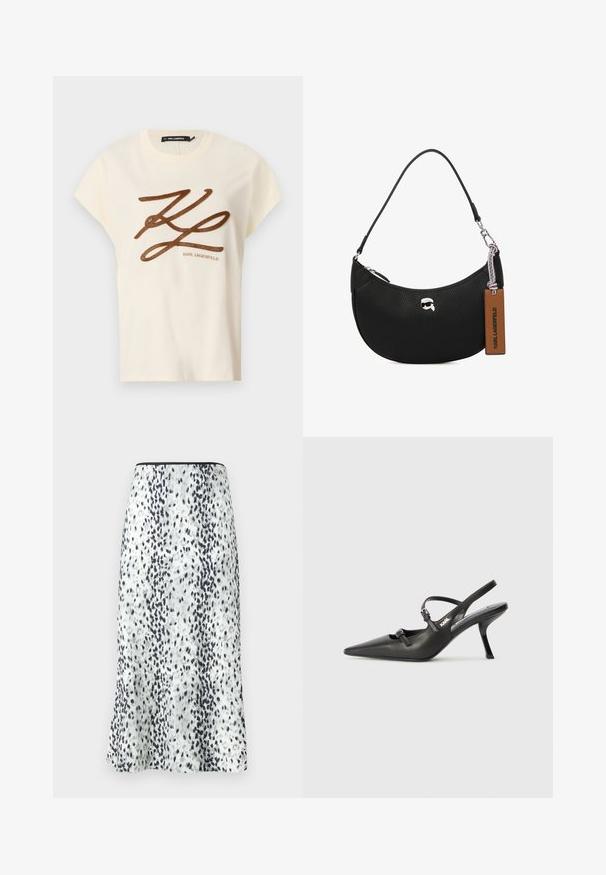Kremna bombažna majica s kratkimi rokavi, z rjavim izvezenim logotipom in besedilom na sprednji strani.; Krilo do kolen, izdelano iz belega blaga z črno in sivo pikanjem, zaključeno z enostavnim pasom in majhnim logotipom.; Črne usnjene sandale na peto s koničastim nosom, vitko peto in okrasno zaponko na sprednjem delu. Gladka tekstura in eleganten dizajn.; Črna usnjena torbica s teksturo graviranega kamna, ukrivljene oblike, zadrgo na vrhu, srebrnim okovjem in rjavo oznako. Značilna je po logotipu.