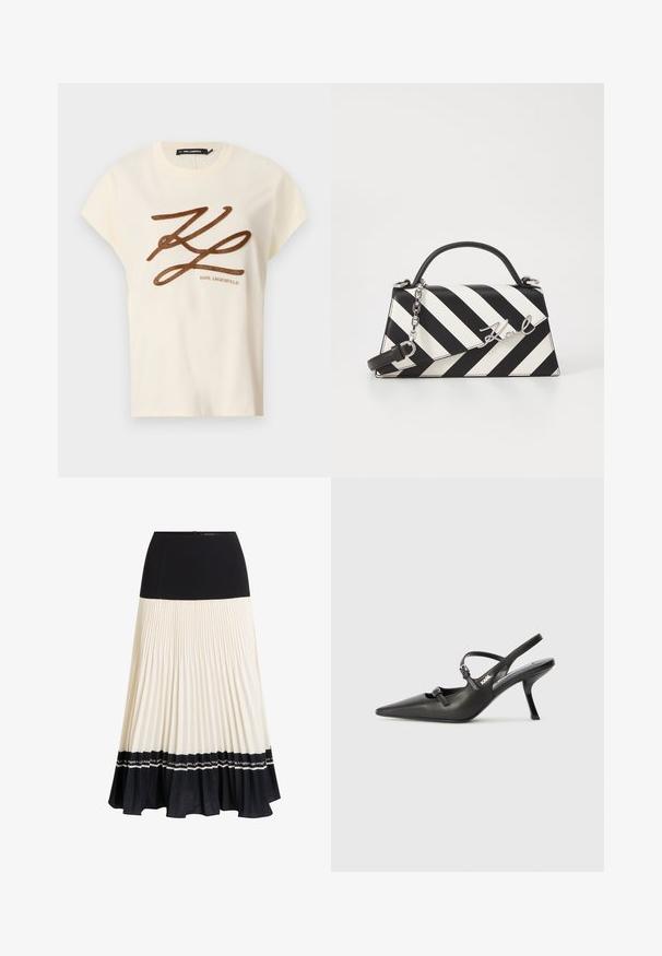 Tricou din bumbac de culoare crem, cu mâneci scurte, având un logo brodat din cărbune și un design cu scris pe față.; Fustă midi plissată cu o secțiune superioară neagră, pliseuri crem și o margine volanată neagră cu bandă logo. Închidere cu fermoar la spate.; Pantofi cu toc slingback din piele neagră, cu vârful ascuțit, toc subțire și detaliu decorativ cu cataramă pe partea din față. Textură netedă și design elegant.; Geantă cu dungi alb-negru, cu o formă structurată, având un mâner superior, o curea din lanț detașabilă și un accent metalic cu logo.