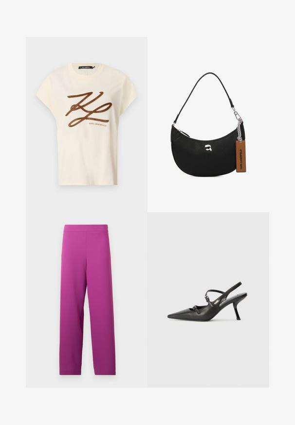 Kreemivärvi puuvillane t-särk lühikeste varrukatega, mille ees on pruun tikandiga logo ja kirjutis.; Lilla laiemad püksid, mis on valmistatud pehmest ja venivast kangast. Omavad kõrget vööd ja ei sisalda nähtavat riistvara ega mustreid.; Must musta slingback kontsad, terava nina, peenike konts ja dekoratiivne pandla detail peal. Sile tekstuur ja stiilne disain.; Musta nahk kott, millel on krobeline tekstuur, kõver kuju, ülemine tõmblukk, hõbedased detailid ja pruun silt. Omab logo aksenti.