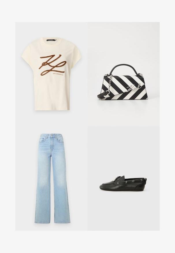 Krémové bavlnené tričko s krátkymi rukávmi, na prednej strane s hnedou vyšitou šedou nášivkou a nápisom.; Svetlomodré džíny s vysokým pásom a širokou nohavicou. Obsahujú päť vreciek a zapínanie na gombík, vyrobené z denimovej látky s jemným vyšúchaním.; Čierne kožené lodné topánky s okrúhlou špičkou, šnurovaním vpredu, kovovými očkami a plochou podrážkou. Obsahuje malý pútko na zadnej strane.; Čierno-bielo pruhovaná kabelka so štruktúrovaným tvarom, obsahujúca hornú rúčku, odnímateľný reťazový popruh a kovový logo akcent.