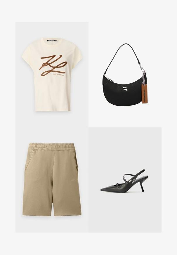 Kreminės spalvos medvilninė marškinė su trumpomis rankovėmis, priekyje papuoštos rudai siuvinėjamu logotipu ir užrašu.; Švelnių audinių smėlio spalvos sportiniai šortai, su elastinga juosmens juosta, dviem šoninėmis kišenėmis ir maža logotipu prie apvartos.; Juodi odiniai slingback kulniukai su smailiu pirštu, siauru kulnu ir dekoratyvine sagtimi viršuje. Lygus paviršius ir elegantiškas dizainas.; Juodas odinis rankinės su grublėta tekstūra, išlinkusia forma, viršutiniu užtrauktuku, sidabrinėmis detalėmis ir rudąja etiketė. Pabrėžtas logotipo akcentas.