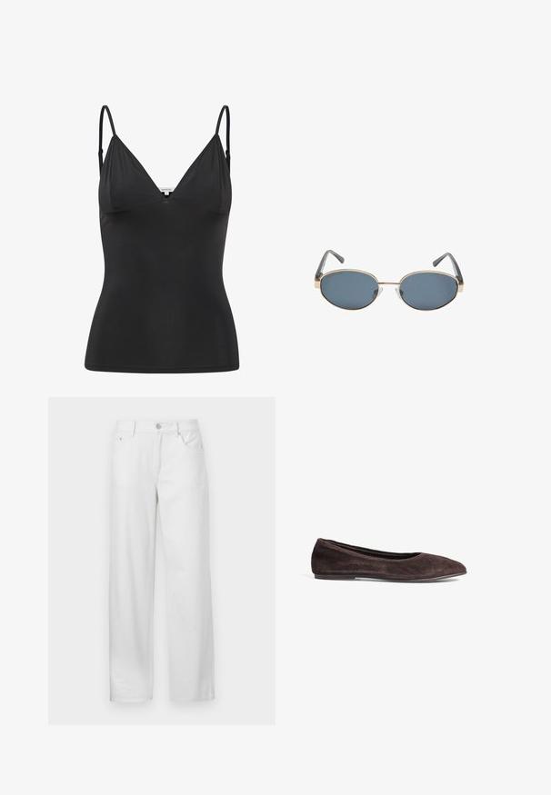 Mustat, istuvat toppitäänukset, joissa on säädettävät ohuet olkaimet, V-mallinen kaula-aukko, saumaton muotoilu ja sileä rakenne. Valmistettu pehmeästä, joustavasta materiaalista.; Valkoiset farkuhousut, joissa on rento sovitus, nappi- ja vetoketj closures, vyölenkit ja perinteinen viisi taskua -design.; Ruskeat mokka ballerinat, joissa on terävä kärki ja matala profiili. Ominaisuuksiin kuuluu sileä pintakuvio ja minimalistinen muotoilu. Ei näkyvää metallia tai koristeita.; Silmukat ovaliset aurinkolasit tummilla linsseillä, kultaisissa metallikehyksissä ja harmaissa varsissa. Kehykset ovat minimalistisen muotoilun omaavat, joissa on huomaamaton sillan aksentti.