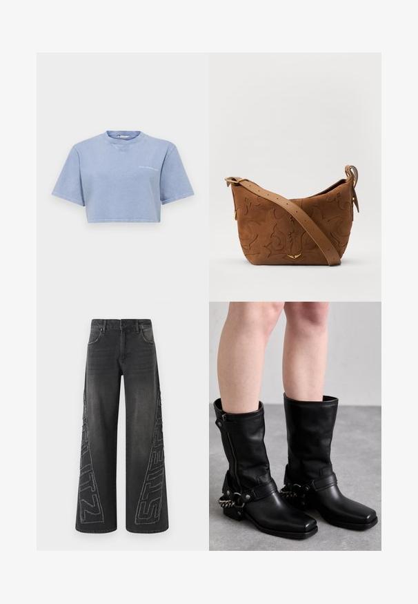 Trumpas šviesiai mėlynas marškinėliai, pagaminti iš minkštos medžiagos, su trumpomis rankovėmis, apvaliu iškirpimu ir mažomis grafikomis priekyje.; Juodos plačios kojų džinsai, pagaminti iš denimo, su ištranširuotu išsiuvinėtu piešiniu šonuose ir tradiciniu penkių kišenių dizainu.; Juodos odinės iki kelių siekiančios bootai su kvadratiniu pirštu, šoniniu užtrauktuku ir reguliuojama juosta, kuri turi metalinę grandinėlę. Matinis paviršius ir tvirta padas.; Ruda suedes pečių rankinė su išsiuvinėtu gėlės dizainu, papildyta lygiu ruduo odos diržu ir auksinės spalvos detalėmis.