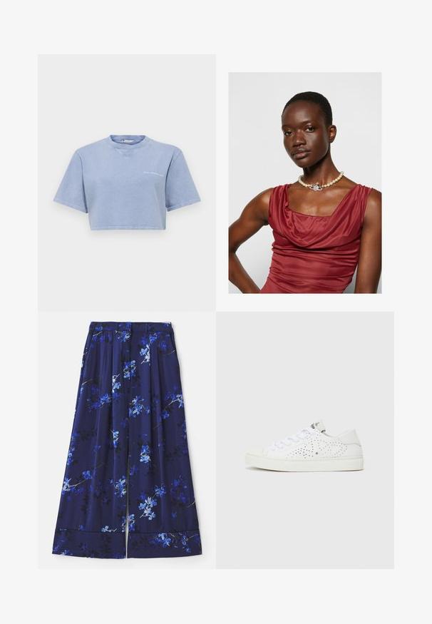 Przycięta jasnoniebieska koszulka z miękkiego materiału, z krótkimi rękawami, okrągłym dekoltem i małym graficznym nadrukiem z przodu.; Granatowa spódnica z kwiatowym wzorem, w niebieskie i białe kwiaty. Materiał jest gładki, z zakładkami i szerokim dołem.; Białe niskie trampki z perforowanym wzorem, płaskimi sznurowadłami i teksturowaną gumową podeszwą. Charakteryzują się minimalistycznym stylem i miękkim wykończeniem.; Sukienka w kolorze głębokiej czerwieni z dekoltem typu cowl, o gładkiej teksturze. Posiada perłowy naszyjnik z ozdobnym srebrnym akcentem na środku.