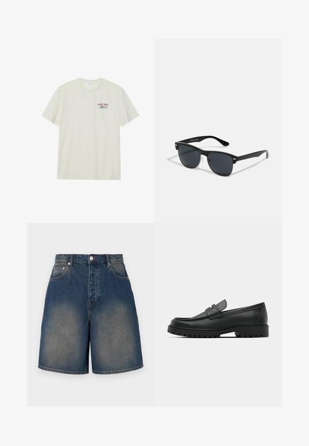 Light cream cotton t-shirt with short sleeves. Features a small blue and red graphic of a marlin and "MARLIN TROPHY" text.; Denim shorts in medium blue with a faded wash. Features a high waist, five pockets, and a straight leg design. Metal button closure.; Black leather loafers with a rounded toe, featuring a stitched design, low platform sole, and a textured, lugged rubber outsole.; Black sunglasses with a rectangular shape, dark lenses, silver accents at the temples, and a matte finish on the frame.