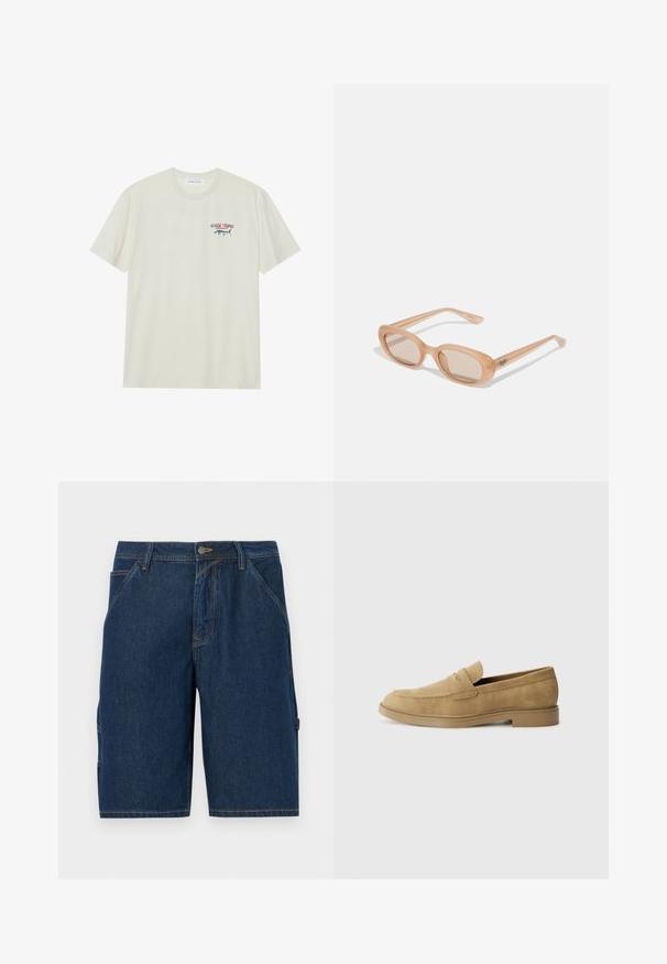 Šviesiai kreminis medvilnės marškinėliai su trumpomis rankovėmis. Yra mažas mėlynas ir raudonas piešinys su marlinu bei „MARLIN TROPHY“ tekstas.; Tamsiai mėlyni džinsiniai šortai su tiesiu kirpimu, turintys dvi priekinės kišenes, diržo kilpos ir šoninė kišenė su uždengimu.; Smėliniai odiniai loaferiai su apvaliu pirštu, žemu blokuoto kulno ir siūlėmis ant viršutinės dalies. Lygi tekstūra ir minimalistiškas dizainas.; Akiniai nuo saulės su permatomu šviesiai rudu rėmu, ovaliais objektyvais ir lieknais šonais, kuriuose subtiliai išgraviruotas logotipas. Matinis paviršius su minimalistiniu dizainu.