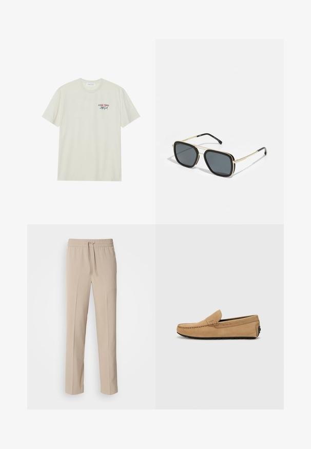 T-shirt de algodão creme claro com mangas curtas. Apresenta um pequeno gráfico azul e vermelho de um marlim com o texto "MARLIN TROPHY".; Calças beje de corte descontraído, feitas de tecido suave, com uma cintura elástica ajustável e pernas retas com acentos mínimos.; Chinelo de camurça bege com biqueira costurada, design slip-on e sola de borracha preta. Apresenta uma marcação discreta na lateral.; Óculos de sol pretos e dourados com formato quadrado, armação metálica, lentes cinza-escuras e ponteiras pretas. Apresenta um design de ponte dupla.