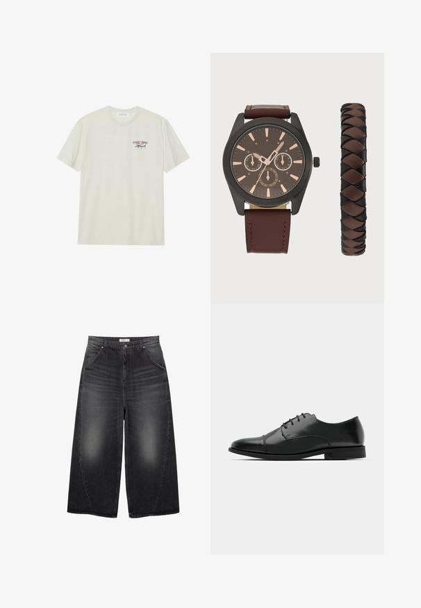 Ljus krämfärgad bomulls t-shirt med korta ärmar. Har en liten blå och röd grafik av en marlin samt texten "MARLIN TROPHY".; PULL&BEAR MEGA BAGGY - Baggy jeans - black; Svart läderdressko med rund tå, snörningsdesign, subtila sömnadsdetaljer och låg klack. Slät yta med polerad finish.; Pier One SET - Klocka - black/brown