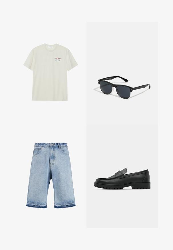 Lys kremfarget bomull T-skjorte med korte ermer. Har et lite blått og rødt grafisk motiv av en marlin og teksten "MARLIN TROPHY".; Lyseblå denimshorts med frynset kant, med klassisk fem-lommers design og frontlukking med knapp. Lett falmet vask.; Sorte lærloafere med rund tå, med en syddesign, lav plattformsåle og en teksturert, ruggede gummisåle.; Sorte solbriller med rektangulær form, mørke linser, sølvfargede detaljer ved templene, og en matt finish på rammen.