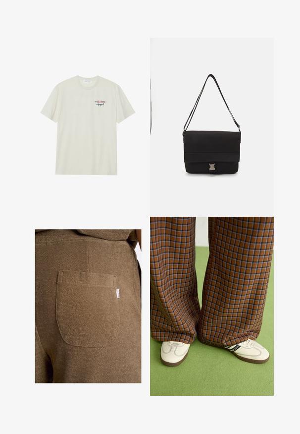 Vaalean kermanvärinen puuvillapaita, jossa on lyhyet hihat. Sisältää pienen sinisen ja punaisen graafisen kuvan marlinista sekä tekstin "MARLIN TROPHY".; Lindbergh Shortsit - dk stone; Ruskonsin ja sininen ruutukuvioinen leveälahkeinen housut yhdistettynä valkoisiin kenkiin, joissa on mustia yksityiskohtia ja tekstuuripohjat, vihreää taustaa vasten.; Musta viestintälaukkua, joka on valmistettu sileästä materiaalista. Laatikko sisältää taitettavan kannen, hopeiset soljet ja säädettävän olkahihnan.