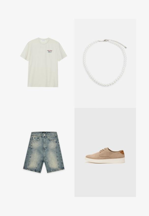 Svetlo krémové bavlnené tričko s krátkymi rukávmi. Obsahuje malú modro-červenú grafiku marlína a text "MARLIN TROPHY".; EIGHTYFIVE BAGGY - Denimové šortky - used sand; Béžové semišové tenisky s okrúhlou špičkou, šnurovaním vpredu a textúrovaným zadným akcentom. Biela gumová podrážka poskytuje kontrast. Jednoduchý a moderný dizajn.; Biely perlový náhrdelník s rovnomerným guľatým tvarom, hladkým povrchom a kovovým zapínaním s predlžovacím reťazcom na nastaviteľnú dĺžku.