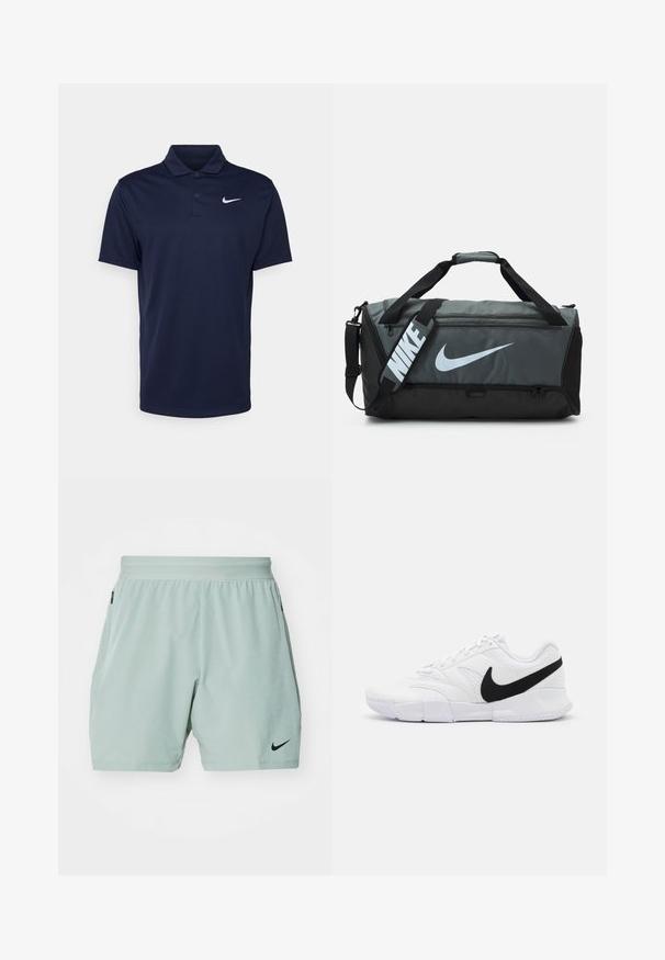 Polo de color azul marino hecho de tela suave, con cuello de tres botones, mangas cortas y un pequeño logo blanco de Nike en el pecho.; Nike Performance FLEX REP 4.0 - Pantalón corto de deporte - jade horizon/black; Zapatillas deportivas blancas con parte superior texturizada, logo de Nike en negro, cuello acolchado y suela de goma sólida con dibujo en patrón.; Bolsa de deporte Nike con un diseño en gris oscuro y negro, que presenta un gran logotipo blanco, dos asas y una correa para el hombro ajustable.