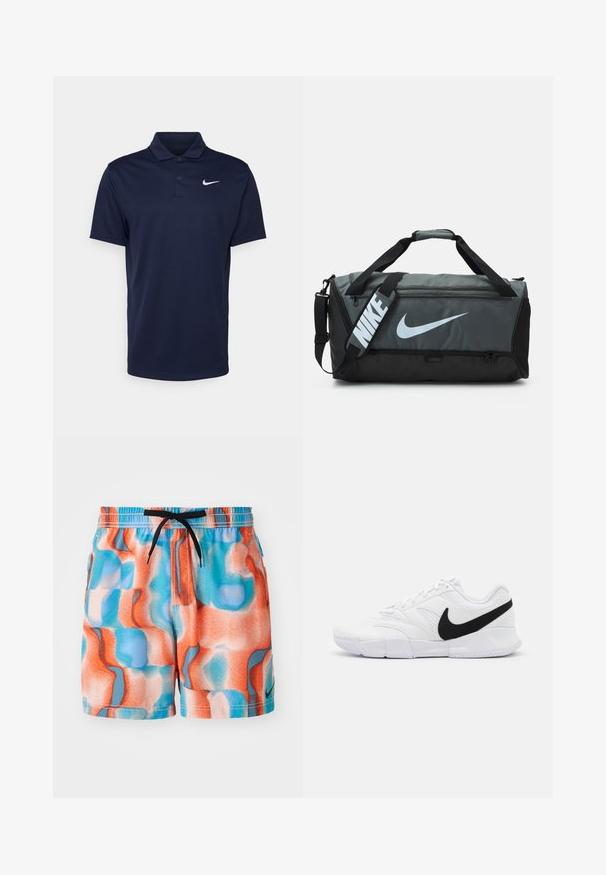 Sötétkék pólóing sima anyagból készült, háromgombos légkörrel, rövid ujjakkal és egy kis fehér Nike logóval a mellkasán.; Több színű fürdőshorts hullám mintával narancssárga, kék és világos őszibarack színben. Rugalmas derékpánt fekete zsinórral.; Fehér sportcipők texturált felsőrésszel, fekete Nike logóval, párnázott bokarésszel és egy masszív gumitalppal, mintázott futófelülettel.; Nike sporttáska sötétszürke és fekete dizájnnal, nagy fehér logóval, két fogantyúval és állítható vállpánttal.