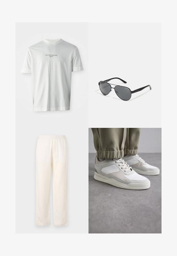 White short-sleeve T-shirt with "EMPORIO ARMANI MILANO" logo centered on the chest in subtle raised lettering.; Lightweight, cream-colored pants with an elastic waistband, straight leg design, and subtle texture. Features no visible pockets.; White and light gray sneakers featuring a textured upper, lace closure, and a padded collar. The design includes perforated and suede accents.; Black aviator sunglasses with dark lenses, thin metal frame, and slender plastic arms featuring logo accents.