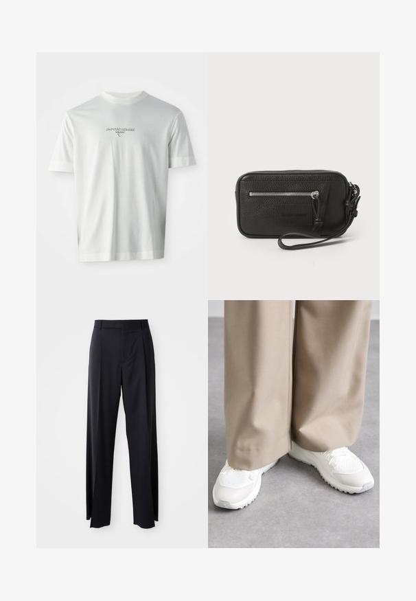 T-shirt bianca a maniche corte con il logo "EMPORIO ARMANI MILANO" centrato sul petto in rilievo sottile.; Pantaloni neri a vita alta con gamba larga, realizzati in tessuto liscio. Presentano pieghe frontali e passanti per cintura. Design minimalista, senza hardware visibile.; Sneaker bianchi con sezioni in rete e lisce, dotati di una suola texturizzata, indossati con pantaloni larghi beige. Lacci e dettagli visibili.; Clutch nera in pelle con superficie testurizzata, tasca frontale con zip e tracolla rimovibile. Presenta una patch con logo sul davanti. Forma rettangolare.