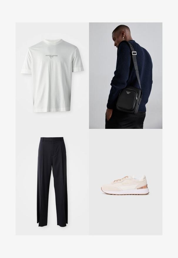Tricou alb cu mânecă scurtă, având logo-ul "EMPORIO ARMANI MILANO" centrat pe piept, în litere ușor ridicate.; Pantaloni negri, cu talie înaltă și croi evazat, dintr-un material fin. Prezintă pliseuri frontale și buzunare cu curea. Design minimalist, fără accesorii vizibile.; Adidași cu un superior din suede bej, accente albe, talpă din cauciuc maro și detalii colorate în dungi pe toc; au șireturi maro.; Geantă crossbody din piele neagră, cu un compartiment cu fermoar, detaliu cu logo și o curea ajustabilă cu marcă. Pură împotriva unui pulover texturat de culoare bleumarin.