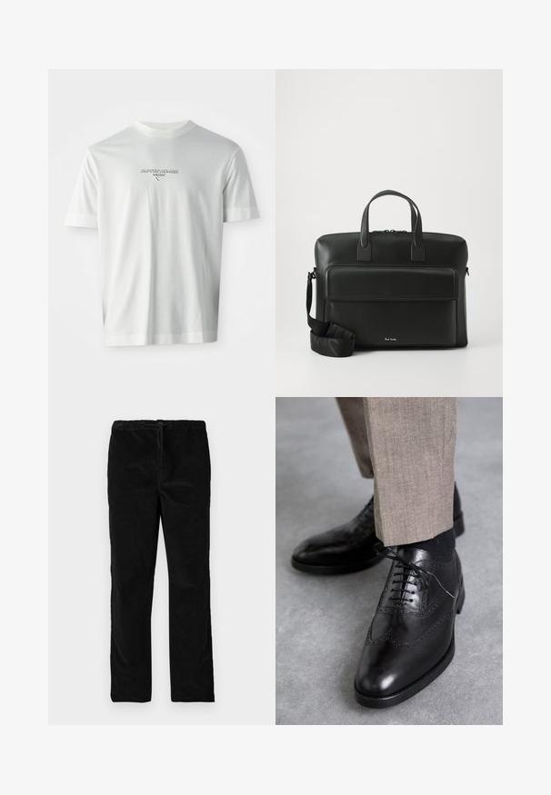 White short-sleeve T-shirt with "EMPORIO ARMANI MILANO" logo centered on the chest in subtle raised lettering.; Black straight-leg velvet pants with elastic waistband and front drawstring, displayed against a plain white background.; Black leather dress shoes with brogue detailing, featuring a pointed toe, lace-up design, and smooth texture; paired with light brown trousers.; Black leather briefcase with dual top handles, a front pocket, and a detachable strap, featuring subtle branding at the bottom.
