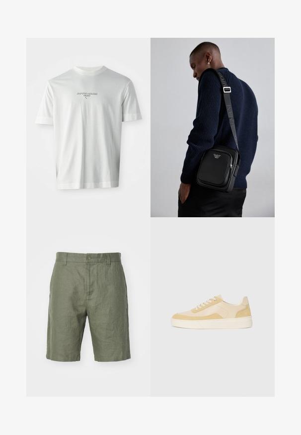 Witte T-shirt met korte mouwen met het logo "EMPORIO ARMANI MILANO" gecentreerd op de borst in subtiel verhoogde letters.; NN.07 CROWN - Shorts - khaki; Schoenen in lichtgele suede en leer, met een gevoerde zool en gestikte accenten. Klassiek vetersluiting ontwerp met een ronde neus.; Zwarteleren schoudertas met een ritscompartiment, logo-detail en een verstelbare band met merk. Draag gezien tegen een gestructureerde marineblauwe trui.