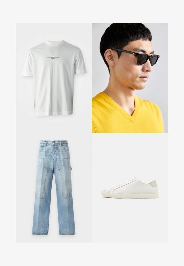 White short-sleeve T-shirt with "EMPORIO ARMANI MILANO" logo centered on the chest in subtle raised lettering.; Light blue denim wide-leg jeans with a faded texture, front pockets, and distinctive stitching, featuring a relaxed cut and minimal hardware.; White leather sneaker with a smooth surface, round toe, and minimalistic design. Features beige accents on the heel and a rubber sole.; Sunglasses with black frames and dark lenses. Notable details include small gold accents on the hinges and a rectangular shape.